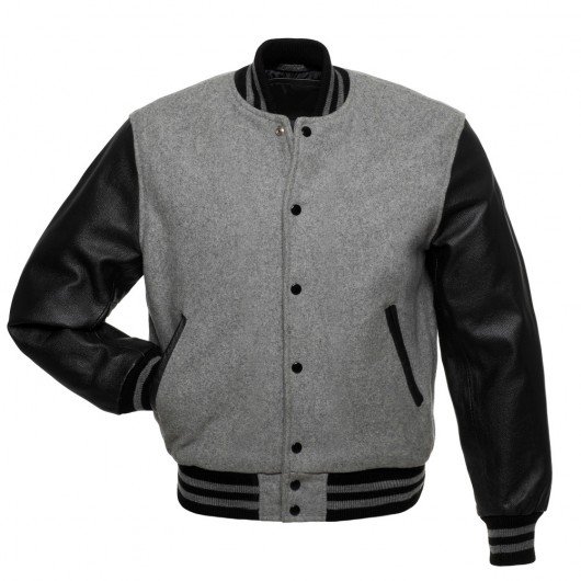 Grey Letterman Jacket with Black Leather Sleeves - Graduation SuperStore