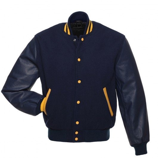 Navy Blue and Gold Striped Letterman Jacket with Navy Blue Leather ...