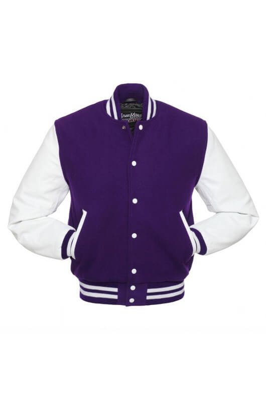 Purple Wool Letterman Bomber Varsity Jacket with Real White Leather Sleeves