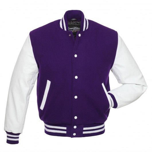 Purple Letterman Jacket with White Leather Sleeves - Graduation SuperStore