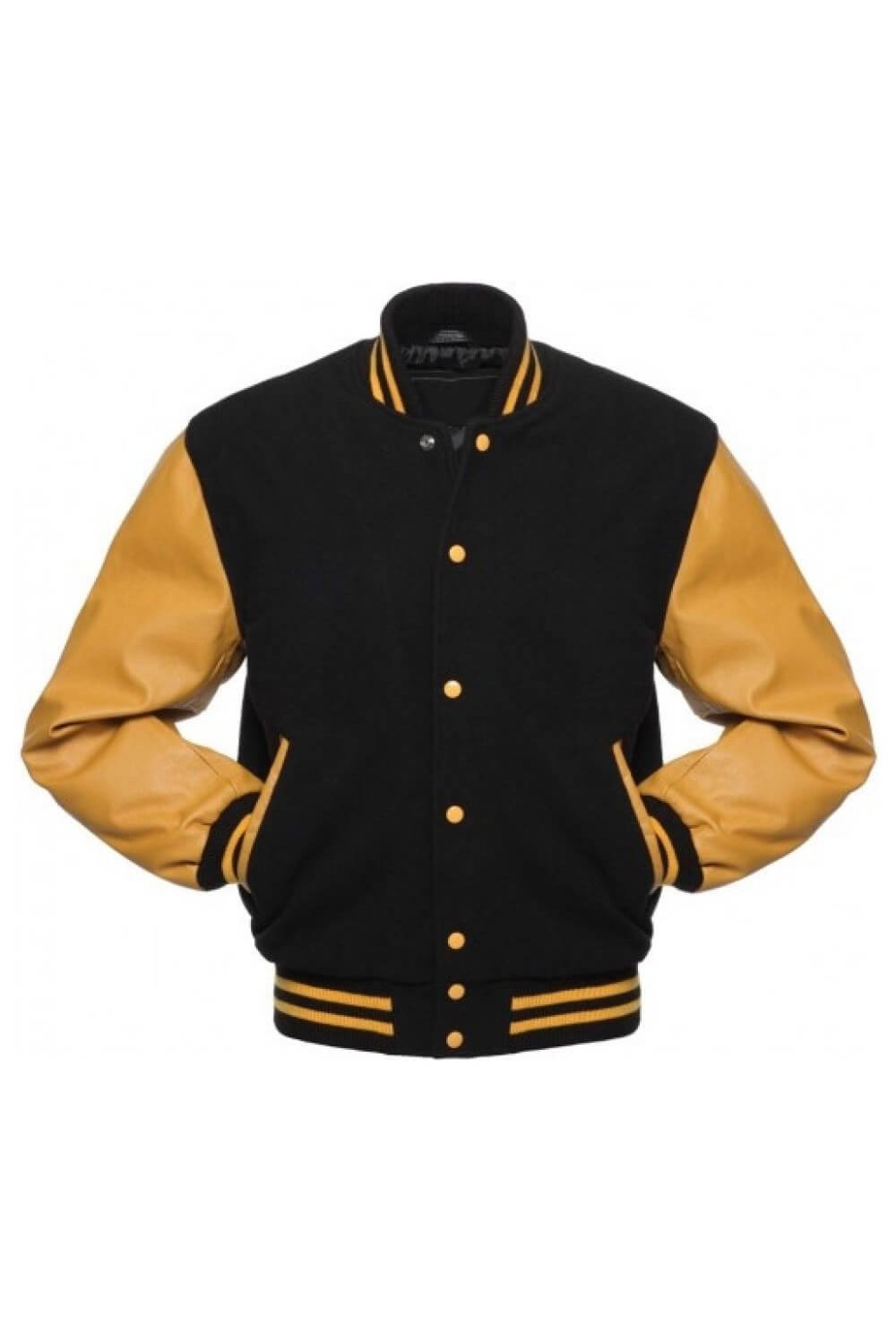 Yellow Wool and Genuine Black Leather Sleeves Baseball Jacket