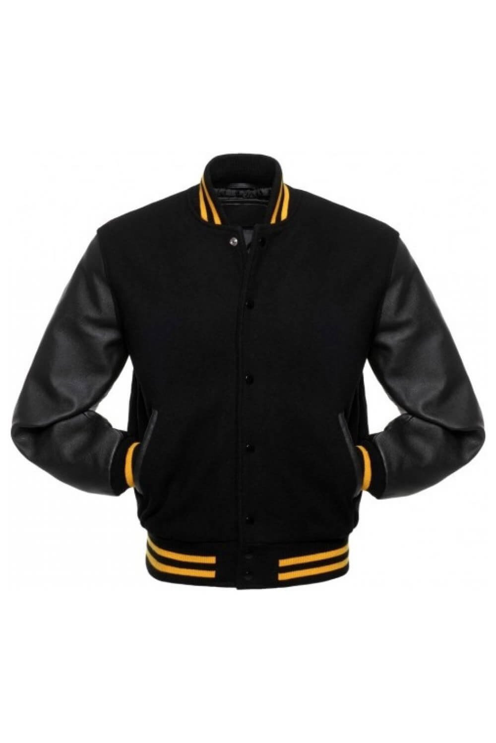 Black and Gold Striped Letterman Jacket with Black Leather Sleeves