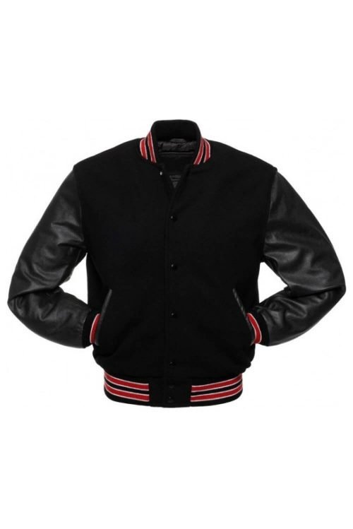 Buy Leather Varsity Black Bomber Red Stripes Jacket