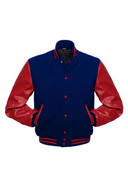 Dark Blue Wool Varsity Jacket for Men with Genuine Leather Sleeves