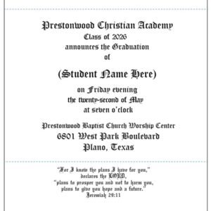 Prestonwood Christian Academy Graduation Announcement